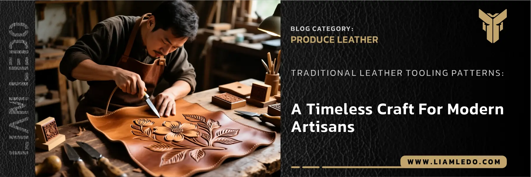 Traditional leather tooling patterns featuring hand-carved floral and geometric designs by skilled artisan in a warm leather workshop setting