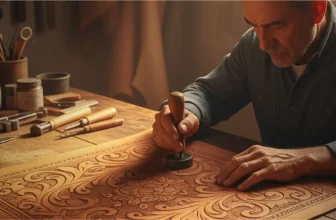 Traditional leather tooling patterns featuring hand-carved floral and geometric designs by skilled artisan in a warm leather workshop setting