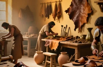 Historical depiction of leather in ancient civilizations showing traditional tanning, craftsmanship, and cultural uses of leather in Mesopotamia, Egypt, Greece, Rome, and the Islamic world.