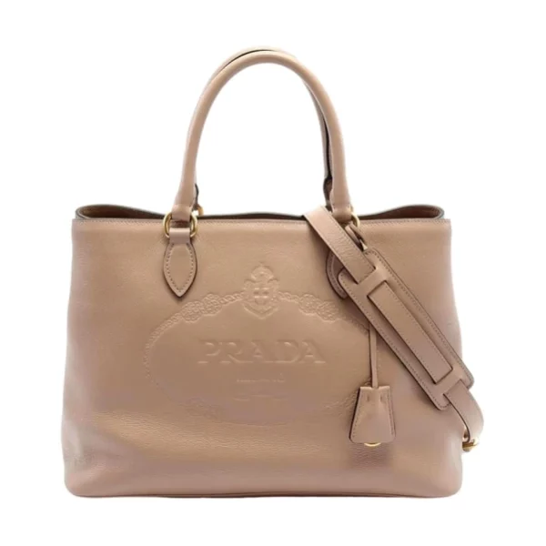Prada Embossed Logo Soft Leather Handbag Shopper Tote Cammeo Beige 1BA579