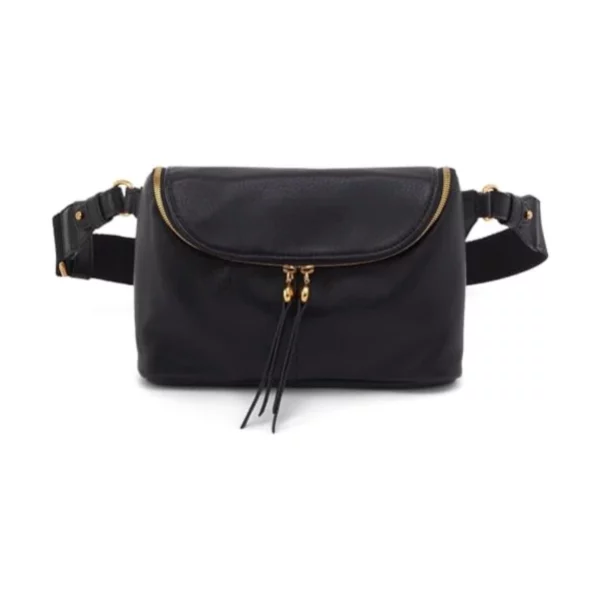 HOBO Fern Leather Belt Bag for Women - Adjustable Strap for Crossbody or Fanny Pack Style, Zipper Pocket, Holds Passport & Phone, Hands-Free Travel & Everyday Essentials - Black